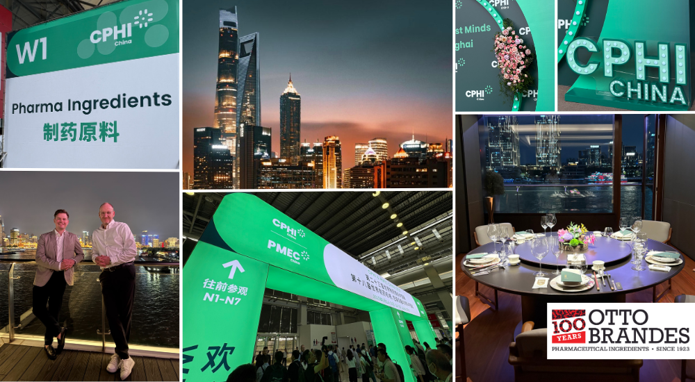 Das Team der Otto Brandes GmbH bei der CPHI China 2025: Eindrücke von der Messe in Shanghai, mit Blick auf die Skyline und gemeinsamen Momenten beim Abendessen.