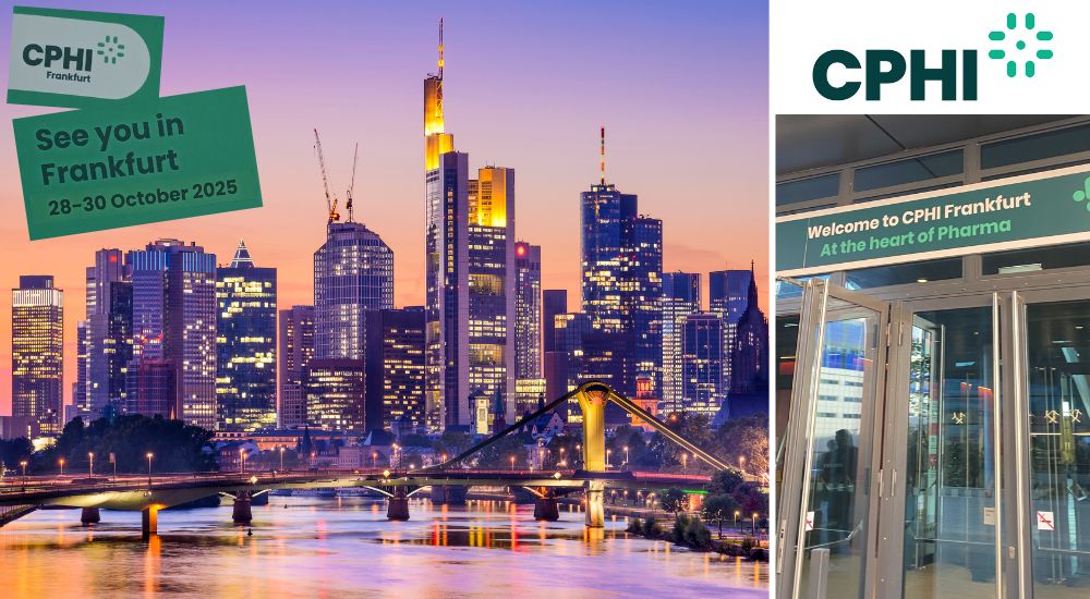 Skyline Frankfurt, Eingangstüren Messegelände Frankfurt, Logo CPHI